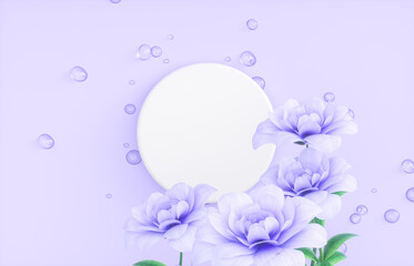 Natural beauty podium backdrop for product display with water drops surface and flower. 3d rendering. top view.