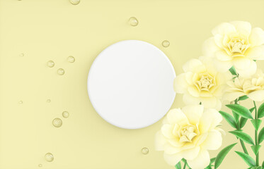 Natural beauty podium backdrop for product display with water drops surface and flower. 3d rendering. top view.