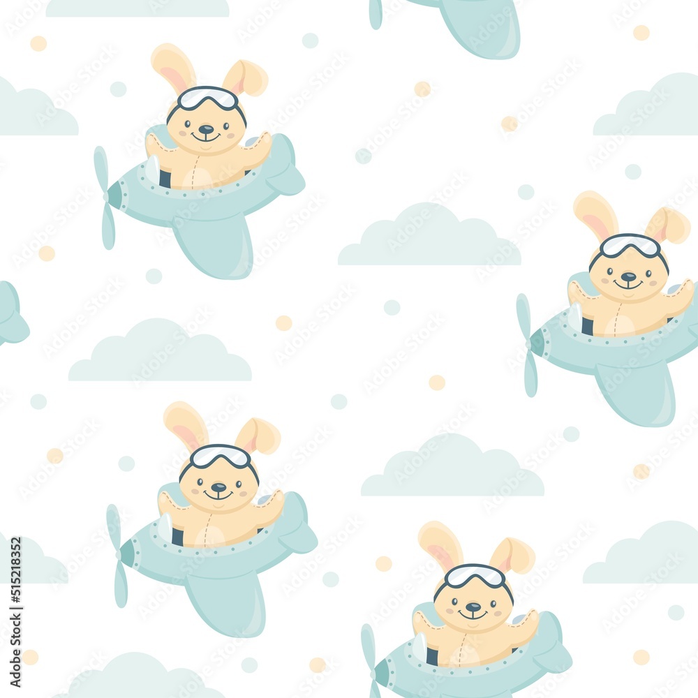 Canvas Prints seamless vector pattern. cute little bunny flying in an airplane among the clouds. pattern for child