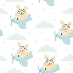 Seamless vector pattern. Cute little bunny flying in an airplane among the clouds. Pattern for children's clothes or wallpaper for children's 