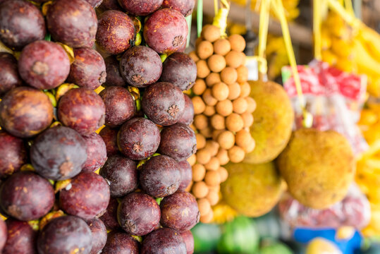 Mangosteen, Lanzones and Marang Fruits hanging in a fruit stall at a public market. Exotic tropical fruits for sale.