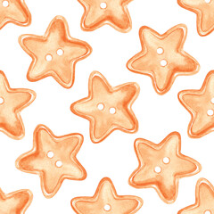 Watercolor orange stars buttons seamless pattern on white background