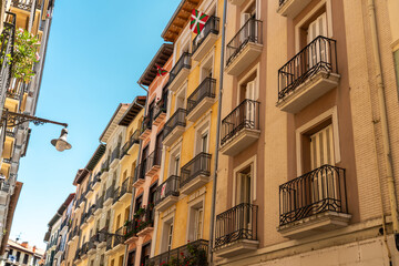 Beautiful building architecture in Pamplona city. Coloured buildings, beautiful façade typically...