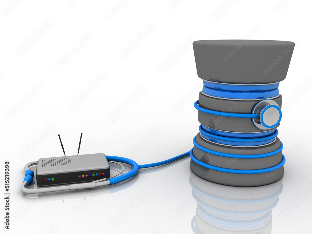 Poster 3d rendering transmitter wifi with stethoscope connected database