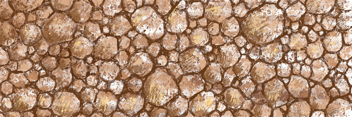 masonry, stone wall, hand-drawn illustration for background or design, brown stones, rocky background, rocky beach