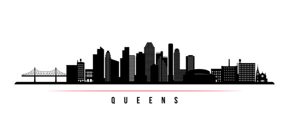 Queens skyline horizontal banner. Black and white silhouette of Queens, NY. Vector template for your design. © greens87