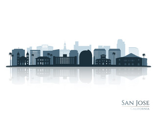 San Jose skyline silhouette with reflection. Landscape San Jose, California. Vector illustration.
