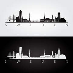 Sweden skyline and landmarks silhouette, black and white design, vector illustration.