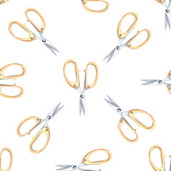 Watercolor gold scissors seamless pattern on white