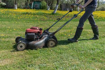 The work of a gasoline lawn mower in a spring garden plot for cleaning fresh grass, against a blurry background, a beautiful yet unmowed field of dandelions. Lawn care, spring work in the garden