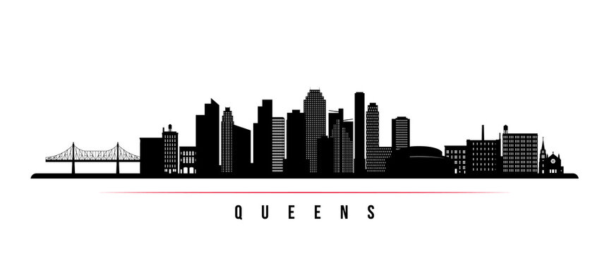 Queens skyline horizontal banner. Black and white silhouette of Queens, NY. Vector template for your design.