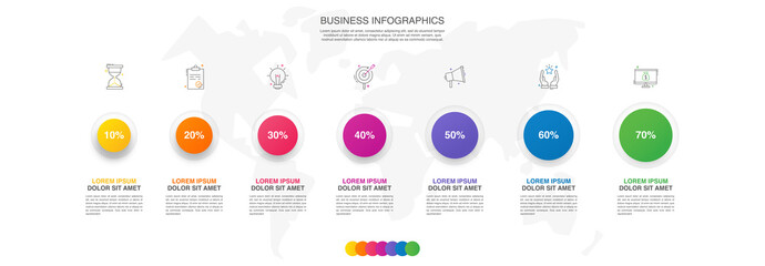 Vector timeline infographics template with 7 circles and options. Blank space for web, infographic, diagram, business, digital network, flowchart, presentations