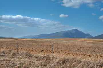 Farm land in the Western Cape of South Africa in the middle of the day with mountains and cloudy...