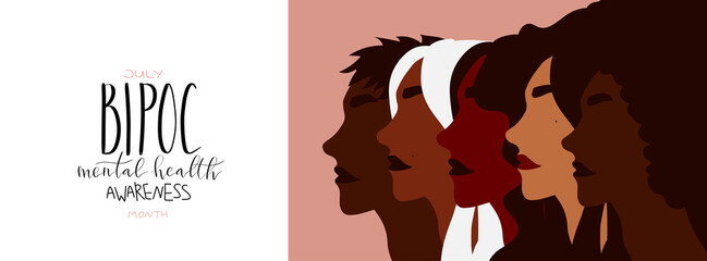 Bipoc mental health awareness month July poster. Female person of color illustration. Handwritten brush lettering vector