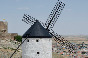 Renovated ancient windmill on top of the hill in Consuegra, Toledo, Spain