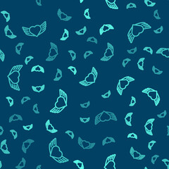 Green line Heart with wings icon isolated seamless pattern on blue background. Love symbol. Happy Valentines day. Vector