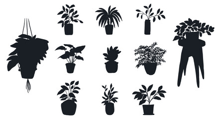 Fototapeta na wymiar Interior potted plants décor elements set sticker Vector Silhouettes