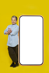 Leaned her back on huge, giant smartphone with white screen grey hair mature business woman with phone in hand looking at camera wearing casual isolated on white background. Free space mock up
