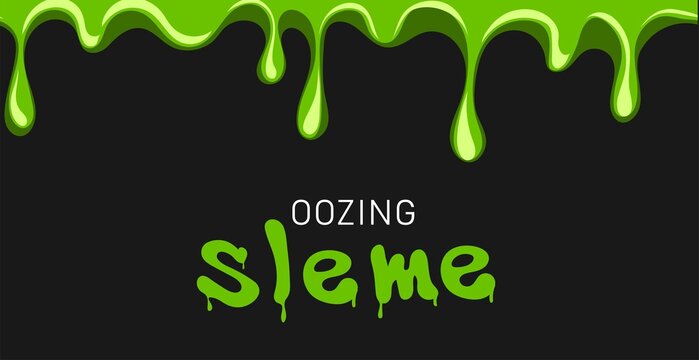 Liquid green slime border with dripping poison goo. Seamless border of fluid mucus drops and blobs. Happy halloween design elements. Hand drawn Vector illustration