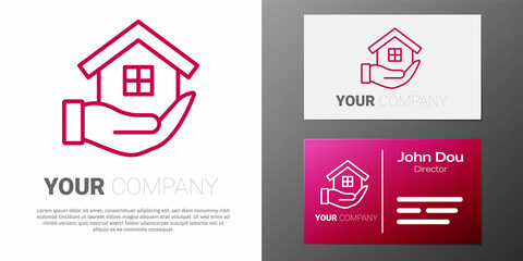 Logotype line House in hand icon isolated on white background. Insurance concept. Security, safety, protection, protect concept. Logo design template element. Vector