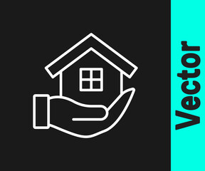 White line House in hand icon isolated on black background. Insurance concept. Security, safety, protection, protect concept. Vector