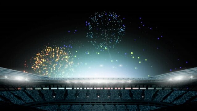 Animation of fireworks over night sport stadium