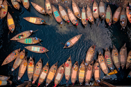 Aerial view of Wooden fishing boats along the Buriganga River, Keraniganj, Dhaka, Bangladesh.