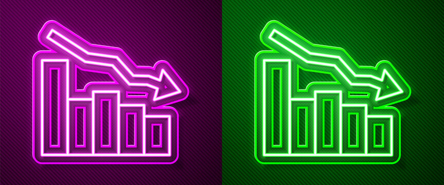 Glowing neon line Financial growth decrease icon isolated on purple and green background. Increasing revenue. Vector
