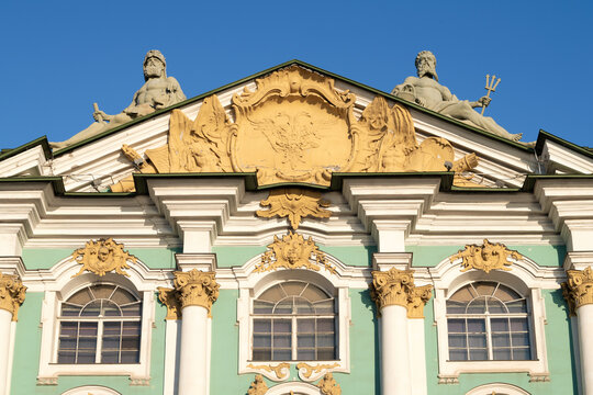 Pediment of the Winter Palace close-up on a sunny day. Saint Petersburg