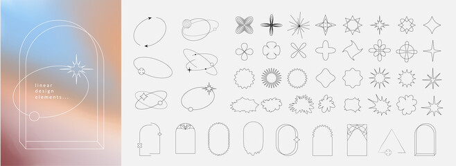 Trendy geometric design elements. Simple shapes forms and frames inspired brutalism, abstract bauhaus and boho cosmic style. Universal star and flower shape, basic form © merfin