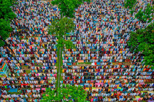 Aerial view of People Worshipping at Eid-ul-Fitr, Mubarak outdoors, Kishoreganj, Dhaka, Bangladesh.