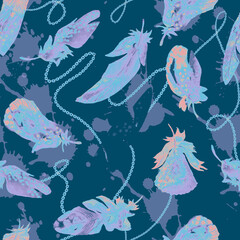 Fototapeta na wymiar Watercolor birds feathers pattern. Seamless texture with hand drawn feathers on blue background