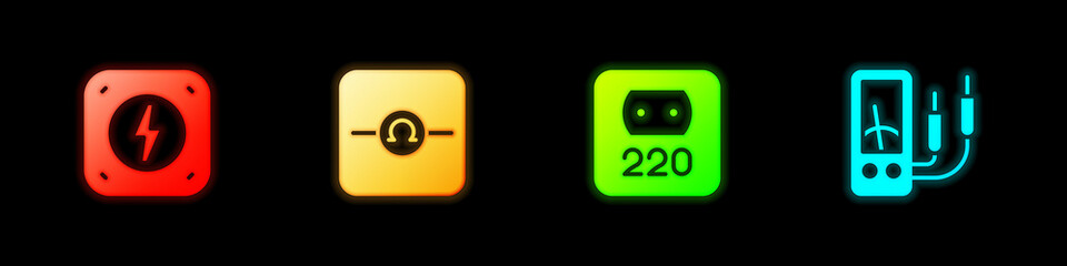 Set Lightning bolt, Ohmmeter, Electrical outlet and Ampere multimeter icon. Vector