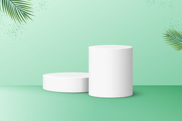 Two podiums for product display isolated on pastel green background