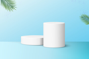 Two podiums for product display isolated on pastel blue background