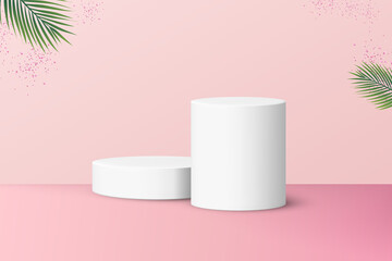 Two podiums for product display isolated on pastel pink background