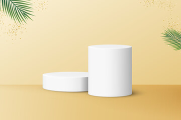 Two podiums for product display isolated on pastel yellow background