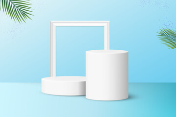 Two podiums with frame for product display isolated on pastel blue background