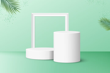 Two podiums with frame for product display isolated on pastel green background
