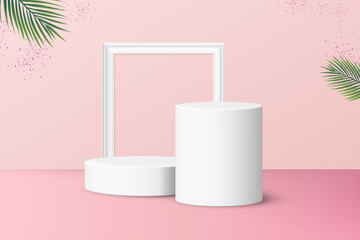 Two podiums with frame for product display isolated on pastel pink background