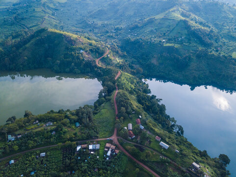 Aerial view of the Uganda Crater Lake with path in the hills, Kabata, kabarole, Uganda.