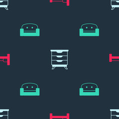Set Bed, Furniture nightstand and Armchair on seamless pattern. Vector