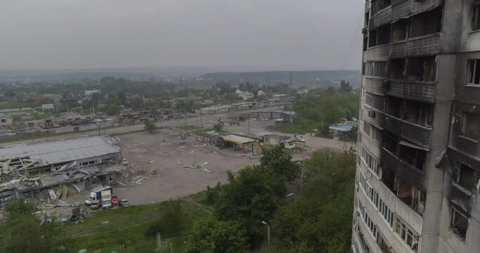 KHARKIV, UKRAINE - MAY 22, 2022: residential buildings destroyed by the Russian army