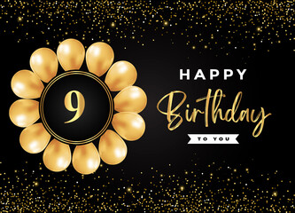 Happy 9th birthday with gold balloon and gold glitter isolated on black background. Premium design for birthday card, invitation card, flyer, brochure, greeting card, and anniversary celebration.