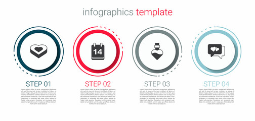 Set Candy in heart shaped box, Calendar with February 14, Bottle love potion and Heart speech bubble. Business infographic template. Vector