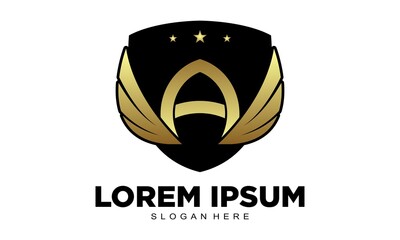 Letter A with wings and shield vector logo