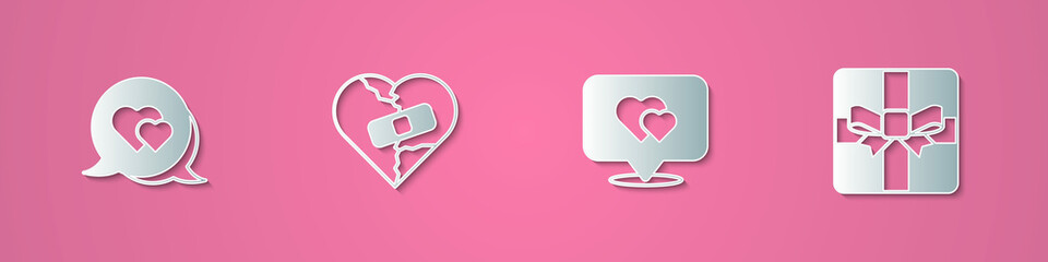 Set paper cut Heart in speech bubble, Healed broken heart or divorce, Location with and Gift box icon. Paper art style. Vector