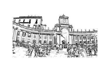 Building view with landmark of Naples is the 
city in Italy. Hand drawn sketch illustration in vector.