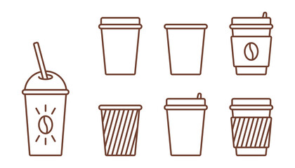 Disposable coffee cups collection. A set of different types of paper cups. Vector line icons