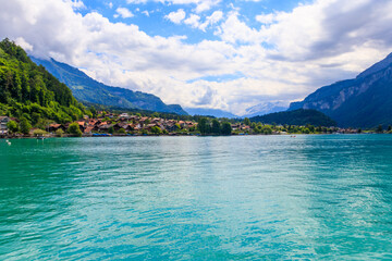 View of the Lake Brienz and Swiss Alps in Brienz, Switzerland